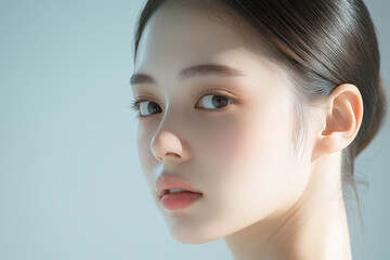 Close-up portrait of young Japanese woman with clear skin and soft lighting