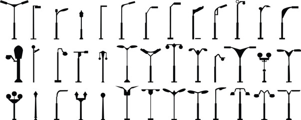 Outdoor urban light. Electric street lamp icon set, modern and vintage town lamp post ornamental design, old streetlamp electric power . Realistic metal lampposts ,Elements for landscape construction.