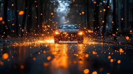 Car driving through a scenic city street with bokeh lights illuminating a dim autumn evening creating a magical atmosphere