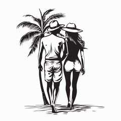 Romantic Couple Walking on Beach Image vector isolated on white background.
