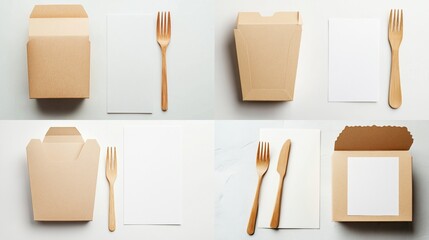 Flatlay of eco-friendly takeout boxes, wooden cutlery, and blank cards.