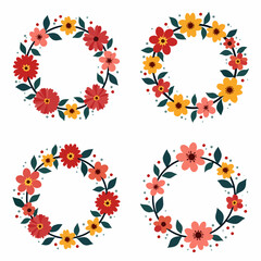 Wreath flowers circle Scandinavian style, Set of floral elements, Round floral frame