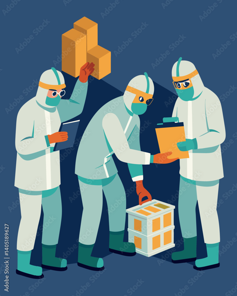 Poster workers in protective gear carefully examining each individual unit of recalled product searching fo