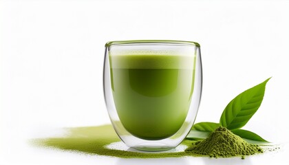 Matcha green tea in clear glass cup Isolated  on white background Trendy Japanese drink