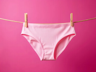 Female Panties Hanging on Rope Against Pink Studio Background
