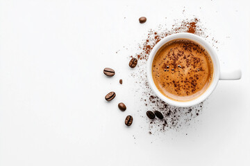 Overhead View Of Coffee In A White Cup With Coffee Beans And Grounds