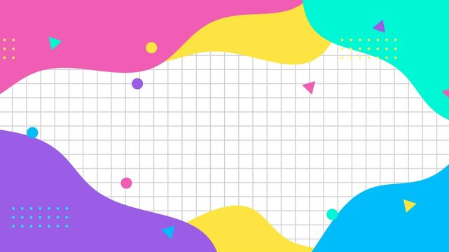 4k animated wavy colorful frames on transparent checked background. Yellow purple pink green blue geometric shapes seamless looped. Color cartoon childish design style. Image animation Summer hot sale