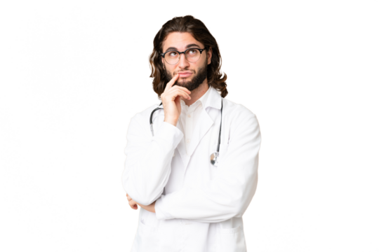 Young handsome man over isolated chroma key background wearing a doctor gown and thinking