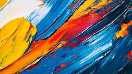 Artist painting abstract artwork on canvas. Featuring bold colors and energetic brushstrokes