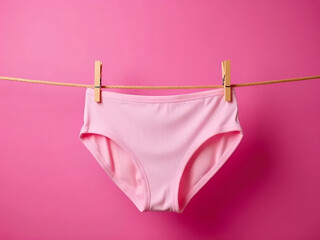 Female Panties Hanging on Rope Against Pink Studio Background
