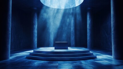 A dramatic dark blue room with a central winners podium under intense lighting, casting eerie shadows 