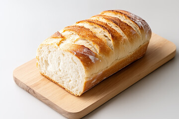 Freshly baked loaf of white bread on wooden cutting board with soft lighting