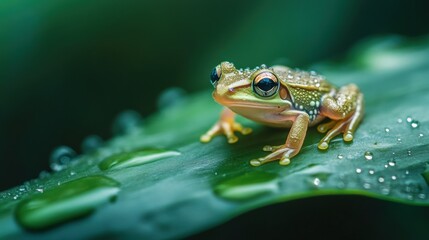 Obraz premium Close-up of a vibrant green and orange frog perched on a dewy leaf.