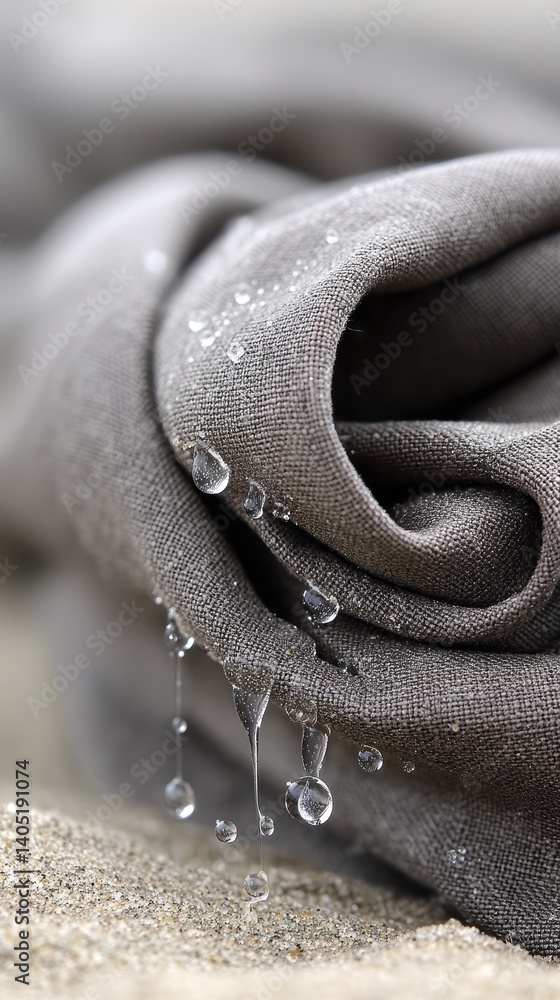 Poster exploring intricate textures of fabric intertwined with sand and droplets under bright sunlight