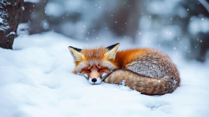 Obraz premium A red fox rests peacefully in a snowy forest.