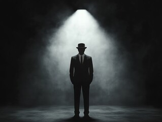 Faceless man in black suit in glowing spotlight, mystery and identity, 3D illustration