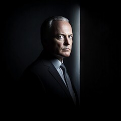 Fototapeta premium Photorealistic businessman partially lit in dark room, visual metaphor for secrecy, 3D illustration