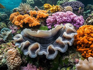A stunning underwater scene showcasing a variety of colorful corals and a large clam.  The image evokes a sense of peace and wonder. Perfect for nature documentaries and marine life publications.