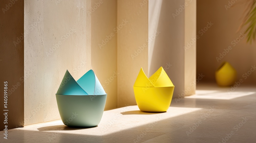 Poster Neatly arranged minimalist planters on a soft pastel backdrop with gentle shadows in an airy setting
