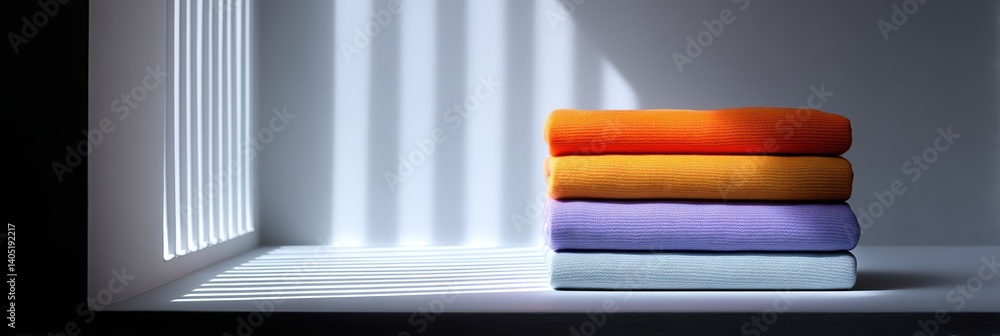 Aufkleber neatly folded towels create a vibrant display against a pastel backdrop with striking shadows