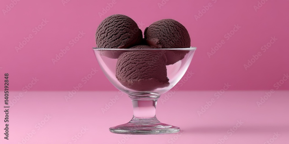 Aufkleber three dark chocolate scoops placed in clear dessert bowl over matte pink surface with soft ambient l