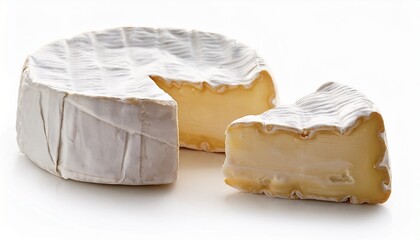 Wedge of cut brie cheese on white background