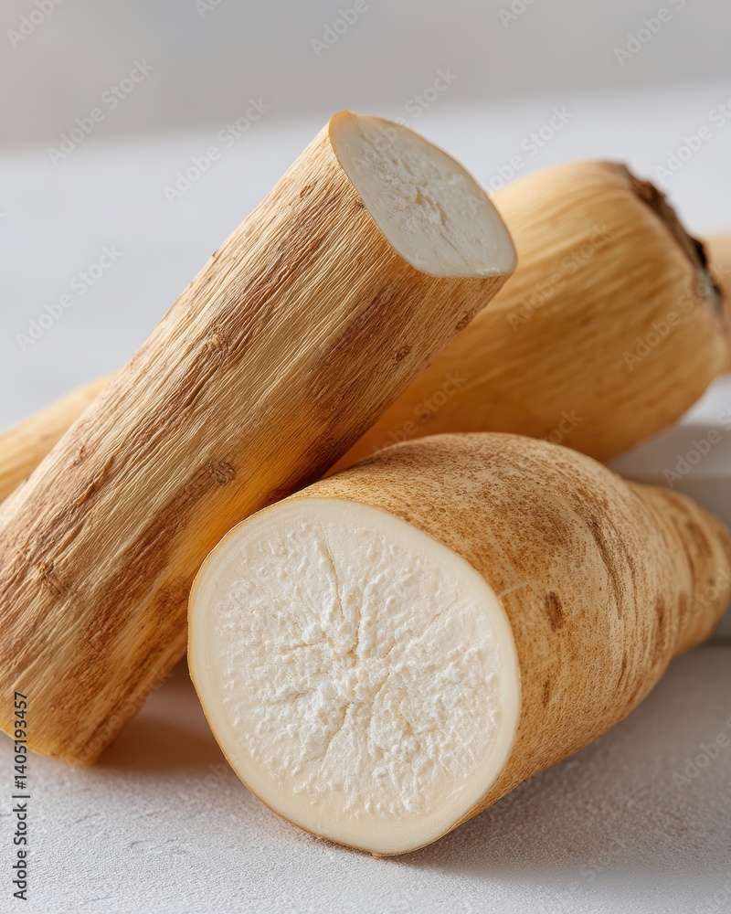 Poster fresh horseradish root displayed on a minimalistic background for culinary inspiration and branding