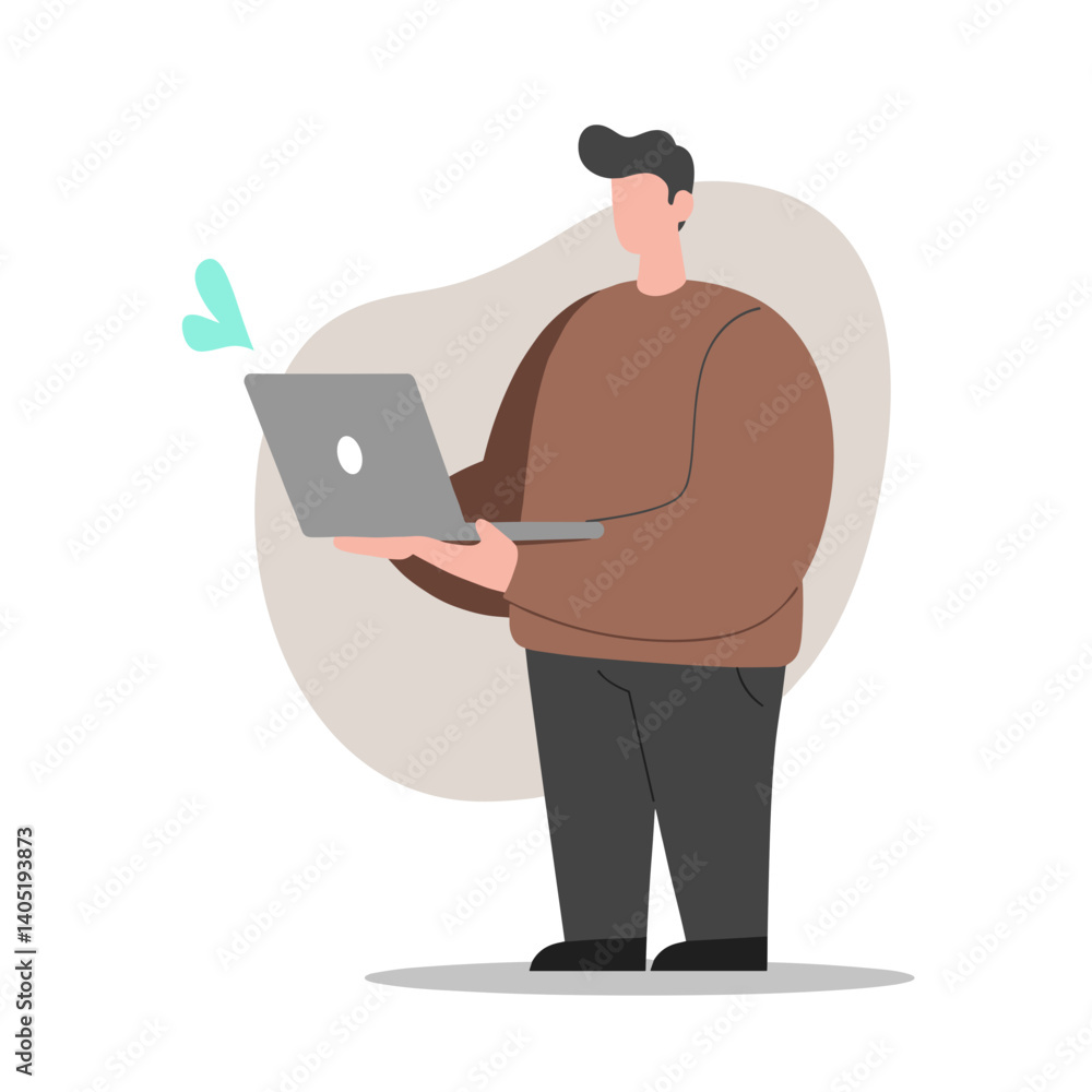 Poster man expressing joy while holding a laptop against a simple background