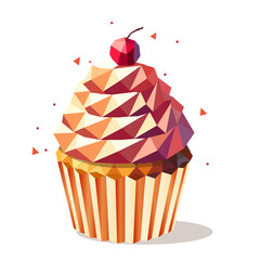 Geometrischer Cupcake mit Sahnehaube und Kirsche, stilvoll illustriert in Low-Poly-Optik. Farbenfrohes Dessert aus dreieckigen Flächen auf weißem Hintergrund, moderne polygonale Süßspeise.