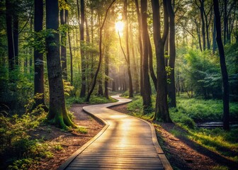 Fototapeta premium Pathway to Serenity: Sunlight filters through a canopy of tall trees, illuminating a winding wooden pathway that beckons viewers deeper into the serene woods. 