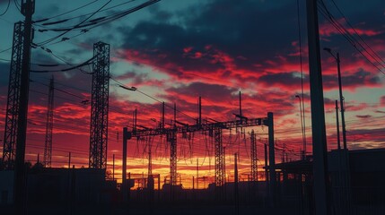 Industrial Power Substation Standing Out Against a Colorful Sunset, Connected by Cables and Towers