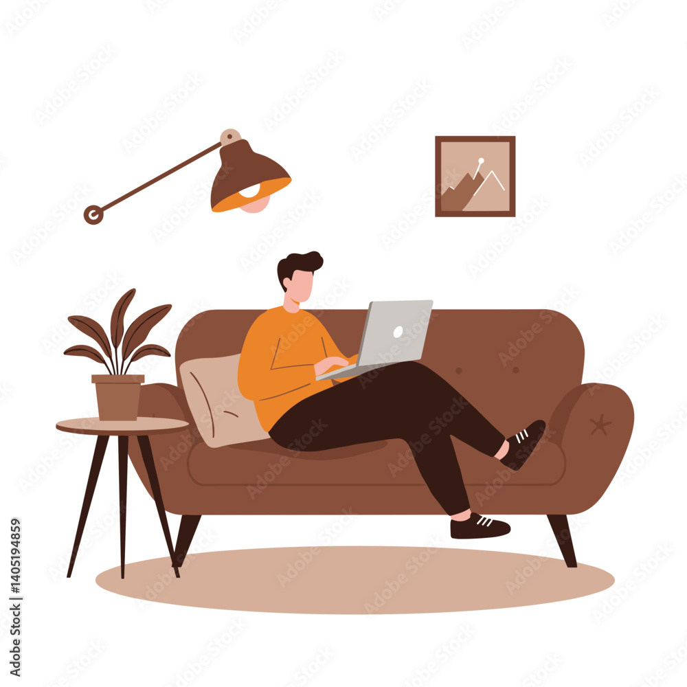 Poster remote worker relaxing at home using laptop on couch