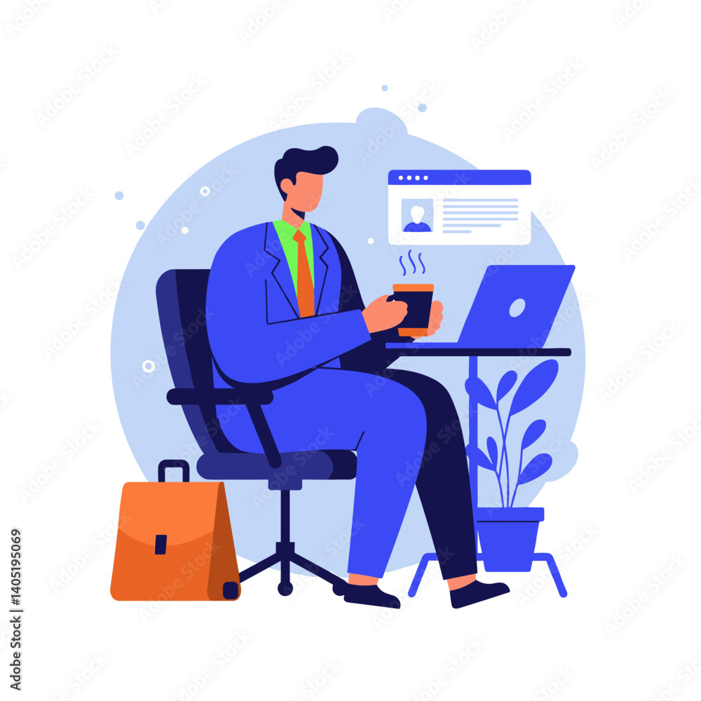 Poster remote worker enjoying coffee while working at a desk