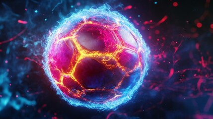 Soccer ball in fire with sparks on dark background. 3d illustration.