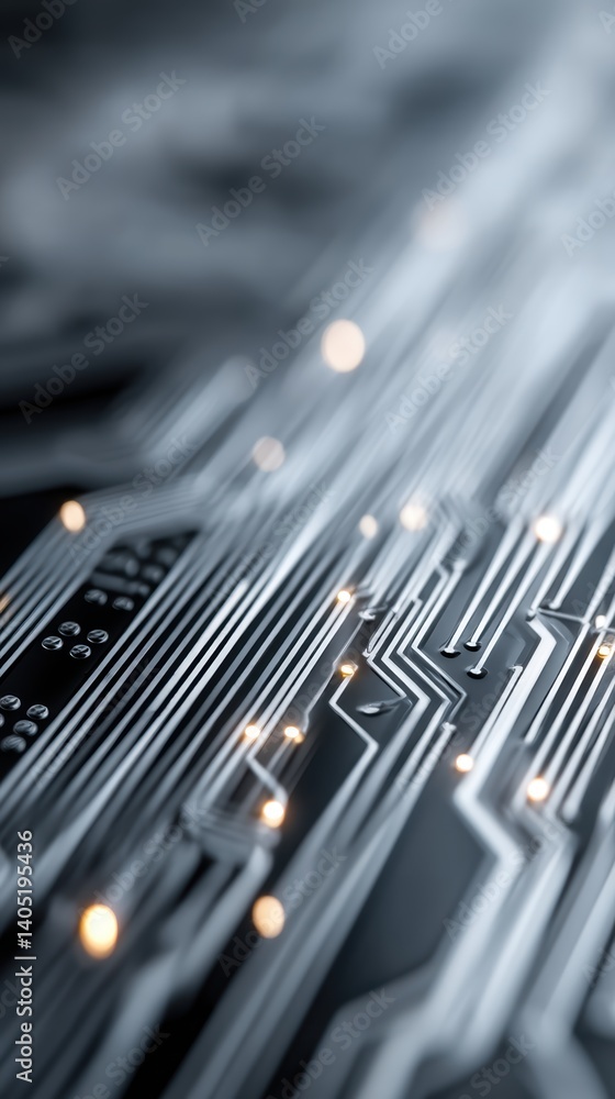 Poster exploring the intricacies of modern technology through detailed circuit boards and connections