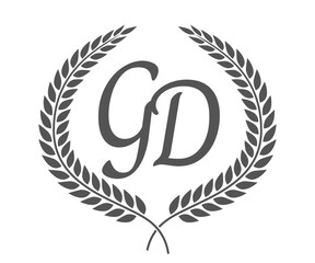 Initial letter G and D, GD monogram logo design with laurel wreath. Luxury calligraphy font.