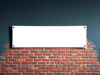 Transparent signboard on red brick wall with night lighting, suitable for advertisement or message.	