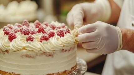 Baker decorating custom cake. Featuring cake icing and pastry skills