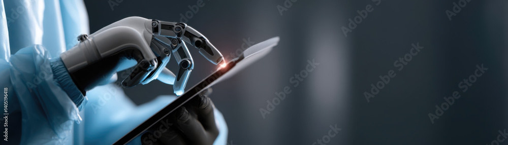 Poster robotic hand interacts with tablet, showcasing advanced technology modern setting. scene conveys inn