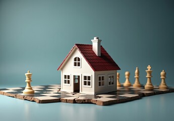 Miniature house on cracked chessboard surrounded by chess pieces