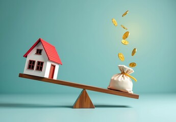 Seesaw with house outweighing bag of coins, symbolizing value or cost balance