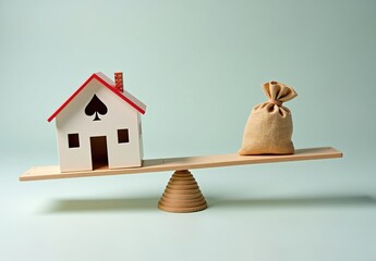 House of cards shaped like a home outweighs coin bag on seesaw