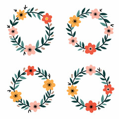 Round floral frame of small flower bushes in delicate flowers in the Scandinavian style on a white background.	