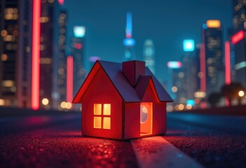 Illuminated toy house on urban street with glowing skyscrapers