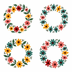 Round floral frame of small flower bushes in delicate flowers in the Scandinavian style on a white background.	