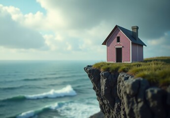 Delicate pink model house on cliff above crashing waves