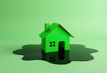 green toy house resting in a pool of black oil on vivid green background
