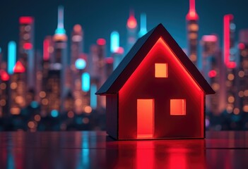 Glowing red model house with city skyline in neon lights