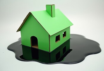 Green cardboard house sinking into black oil puddle