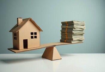 Cardboard house and cash stack balanced on seesaw, symbolizing real estate value